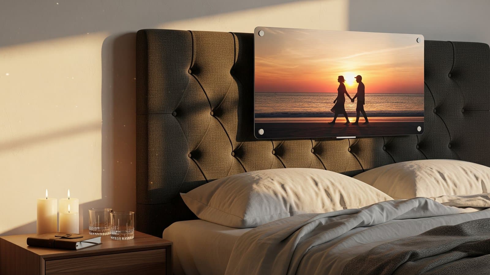 Glanzende metaalprint van een stel bij zonsondergang aan een slaapkamermuur in warm licht
