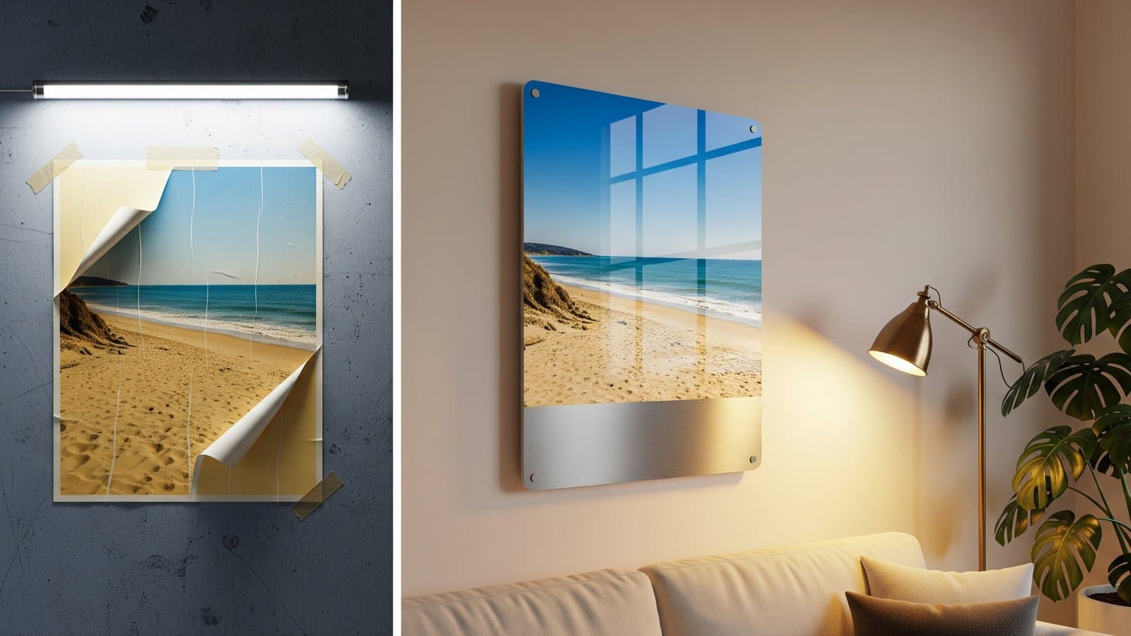 Vergelijking van vervaagde poster met tape aan de muur versus dezelfde strandfoto als lichtgevende glanzende metaaldruk