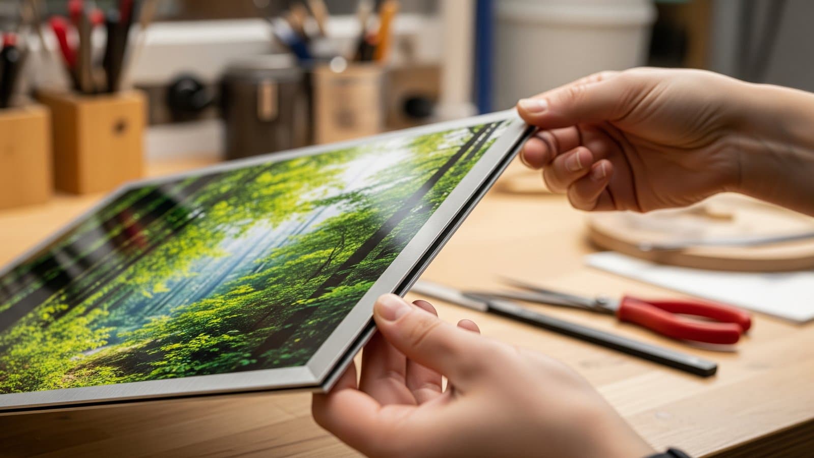 Flat-lay of photo products from several services — metal print, framed fine-art print, hardcover photo book, canvas and everyday prints — arranged for comparison