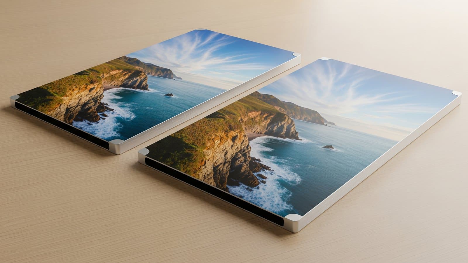 Glossy metal print of a coastal landscape on a living-room wall beside a laptop showing the same image in a 3D configurator preview