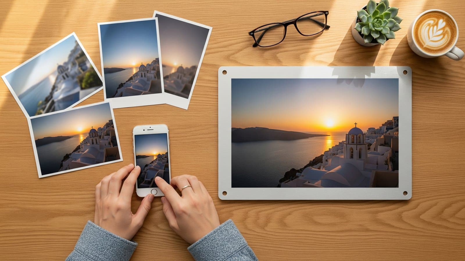 Handen die door foto's scrollen op een iPhone op een bureau met geprinte kandidaten en een afgewerkte metaaldruk