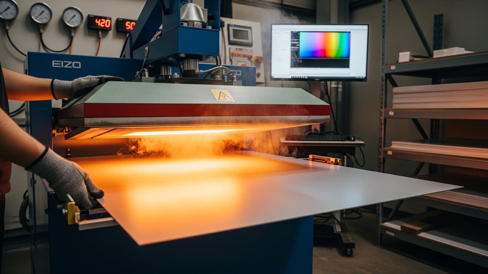 Varmepresse med orange glød der binder pigment til en metalplade i værkstedet