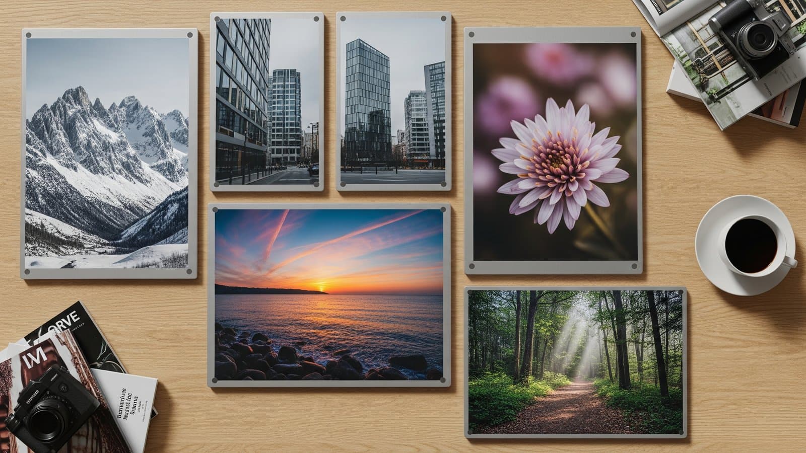 Vijf foto-op-metaal prints van verschillende aanbieders naast elkaar op een eiken tafel ter vergelijking