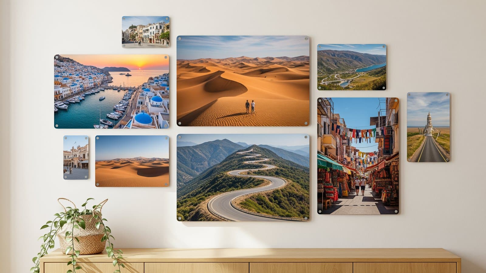 Een fotowand met reisfotografie in metaaldrukken gestyled boven een dressoir in een lichte, moderne woonkamer