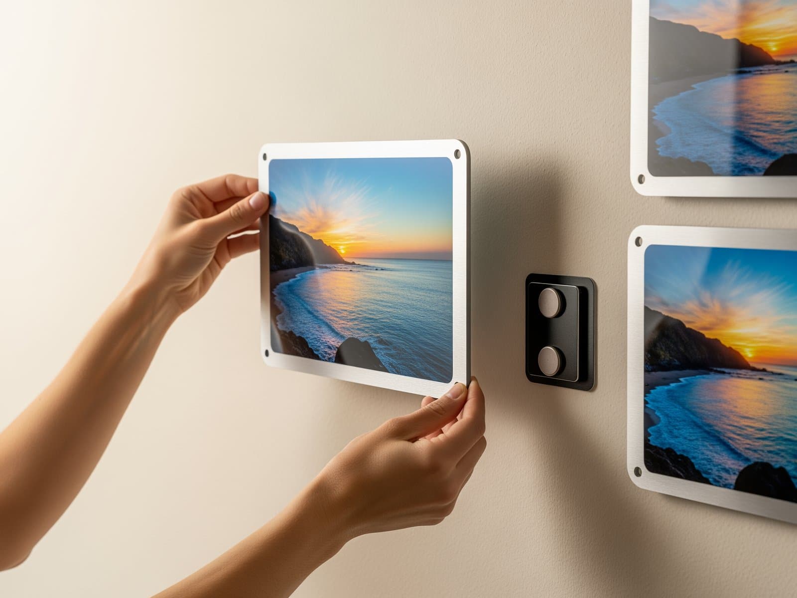 Een metaaldruk die op een magnetische wandontvanger wordt geplaatst, vlak tegen de muur zwevend zonder zichtbare bevestigingen, halverwege het opstellen van een fotowand