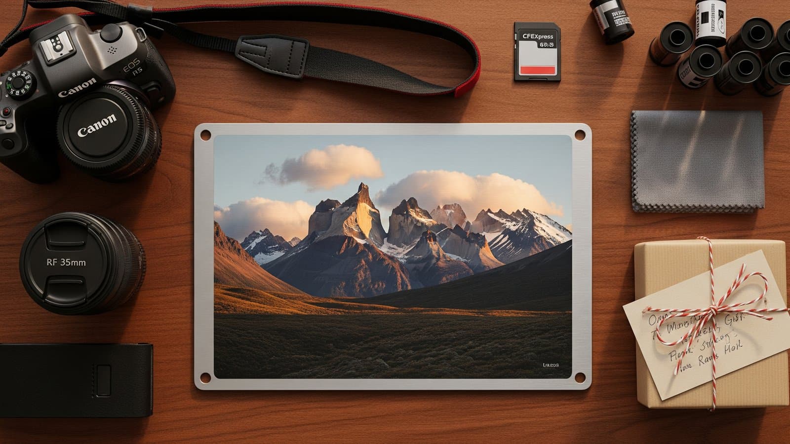 Metaaldruk van een Patagonische bergzonsondergang op een notenhouten bureau met cameraspullen en cadeauaccessoires