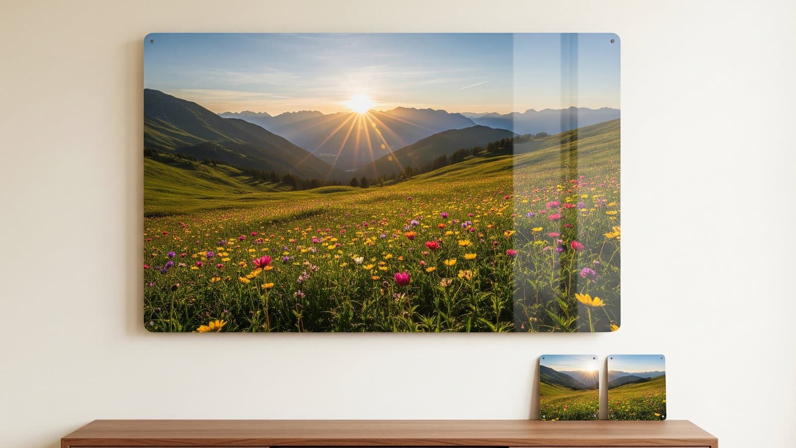 Een grote landschapsfoto-afdruk die een woonkamerwand domineert boven een laag dressoir, met kleinere afdrukken ernaast als maatvergelijking