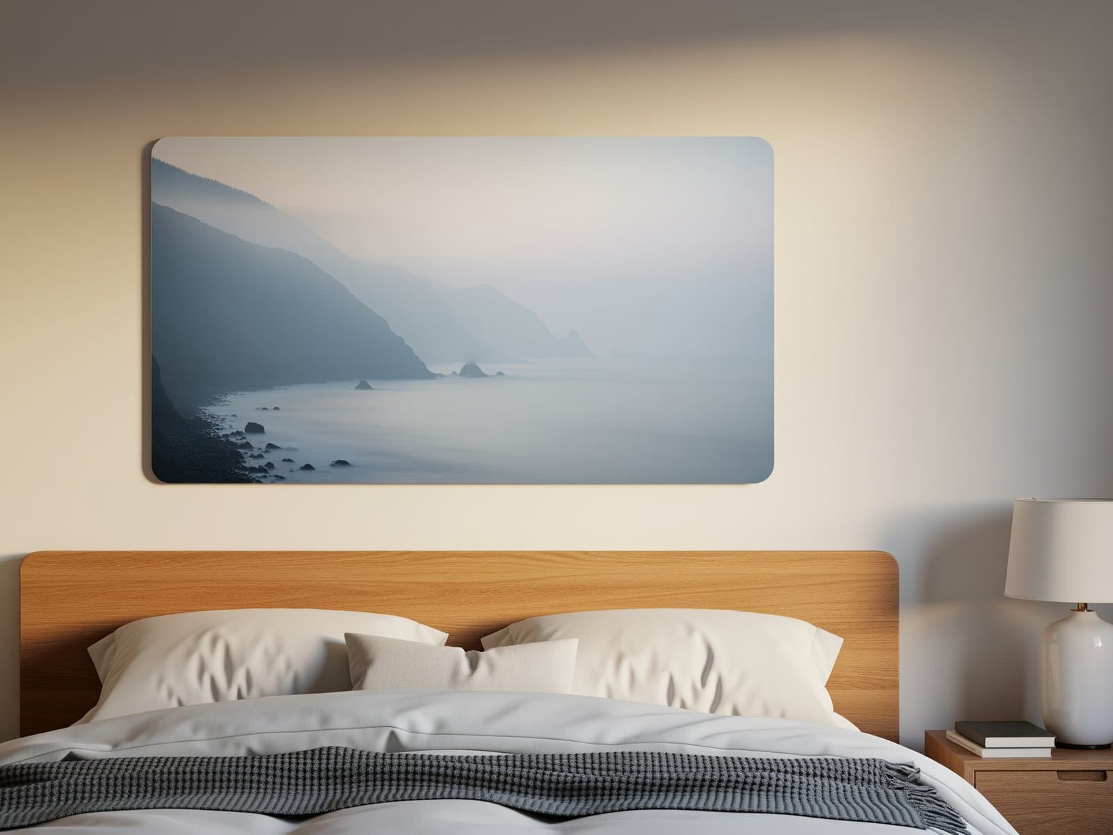 Rustige slaapkamer met een grote matte metaaldruk van een mistige kustlijn boven een houten hoofdeinde