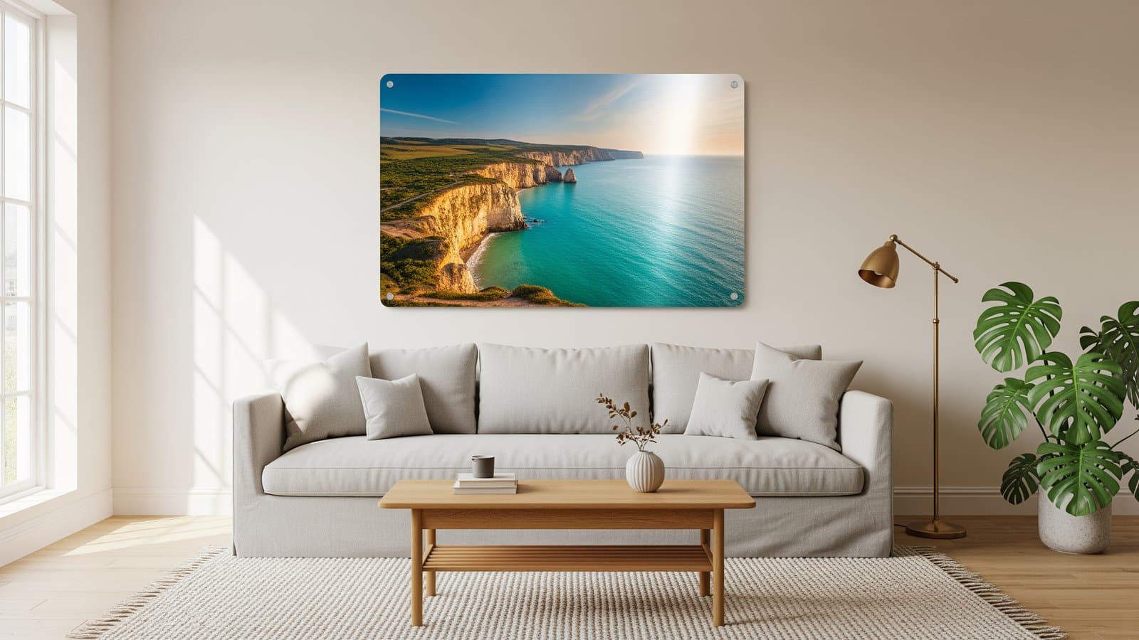 Grande stampa su metallo The Statement da 42×30 cm con un paesaggio costiero sopra un divano di lino in un soggiorno luminoso
