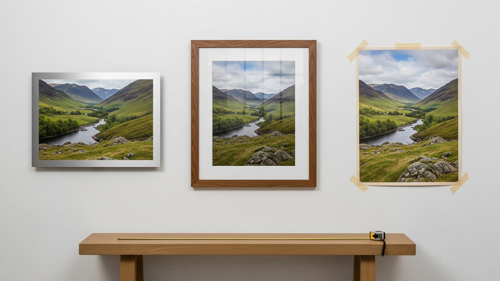 Glanzende metaaldruk, houten ingelijste foto en papieren poster naast elkaar op een muur met hetzelfde landschap