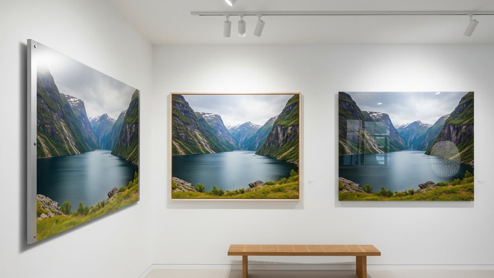 Metaal-, canvas- en acrylafdrukken van hetzelfde fjordlandschap naast elkaar op een galeriemuur