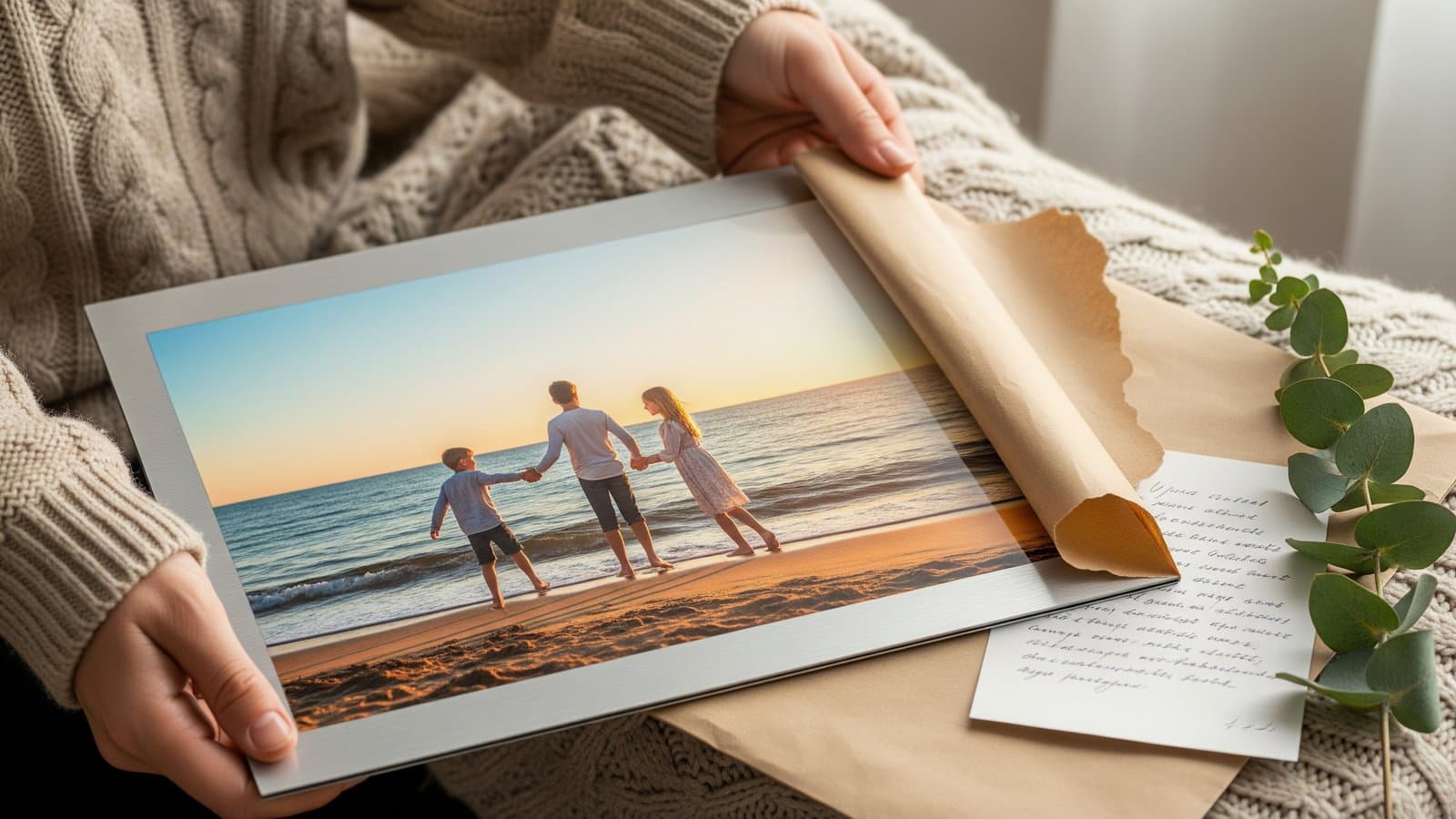 Handen die een glanzende metaaldruk met familiestrandfoto presenteren in een elegante cadeaudoos