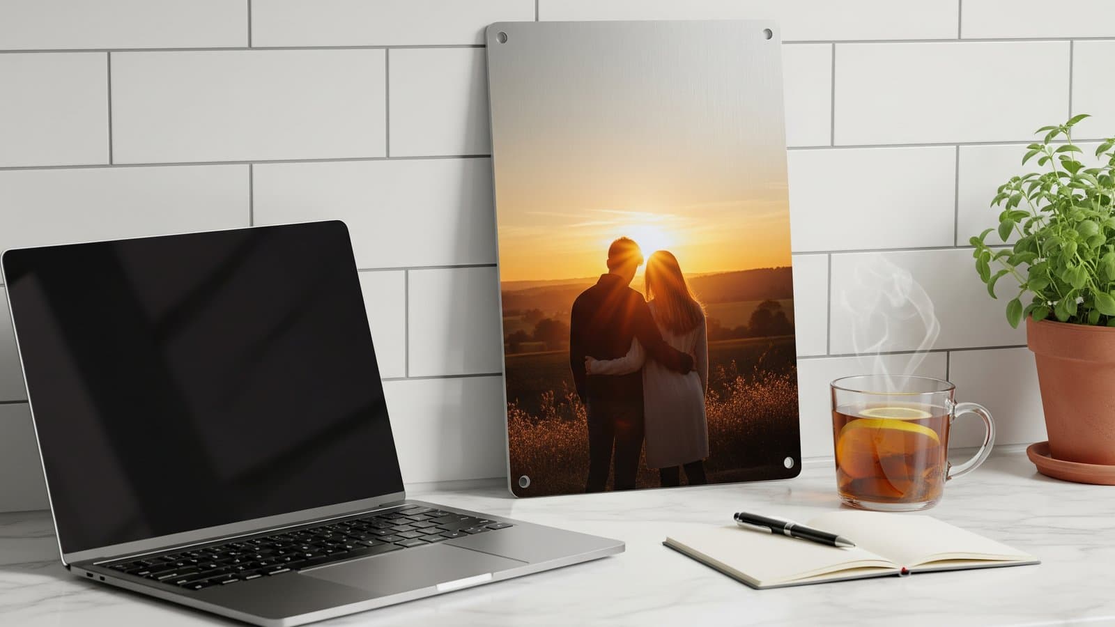 Configurador 3D da Bolot Studio num MacBook mostrando a pré-visualização de uma foto de casamento numa impressão metálica brilhante