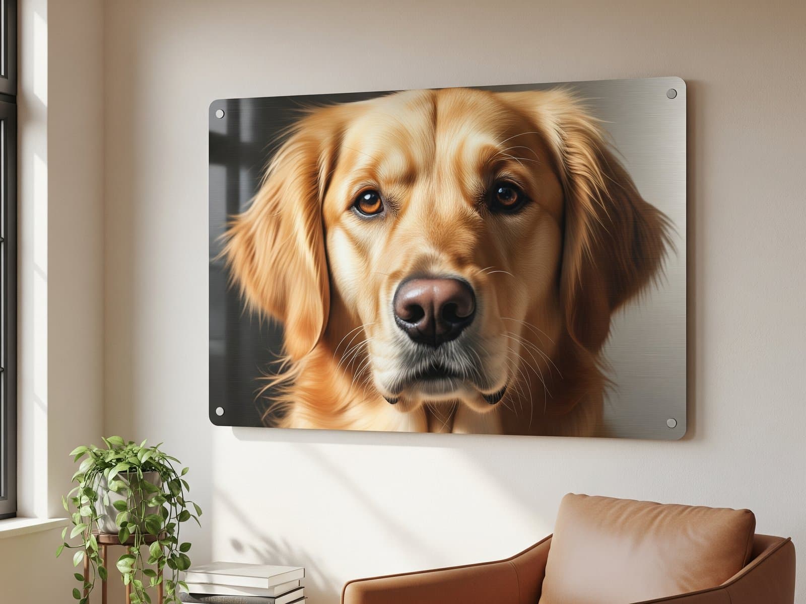 Glanzende metaaldruk met het portret van een golden retriever aan een warme woonkamermuur, als persoonlijk cadeau