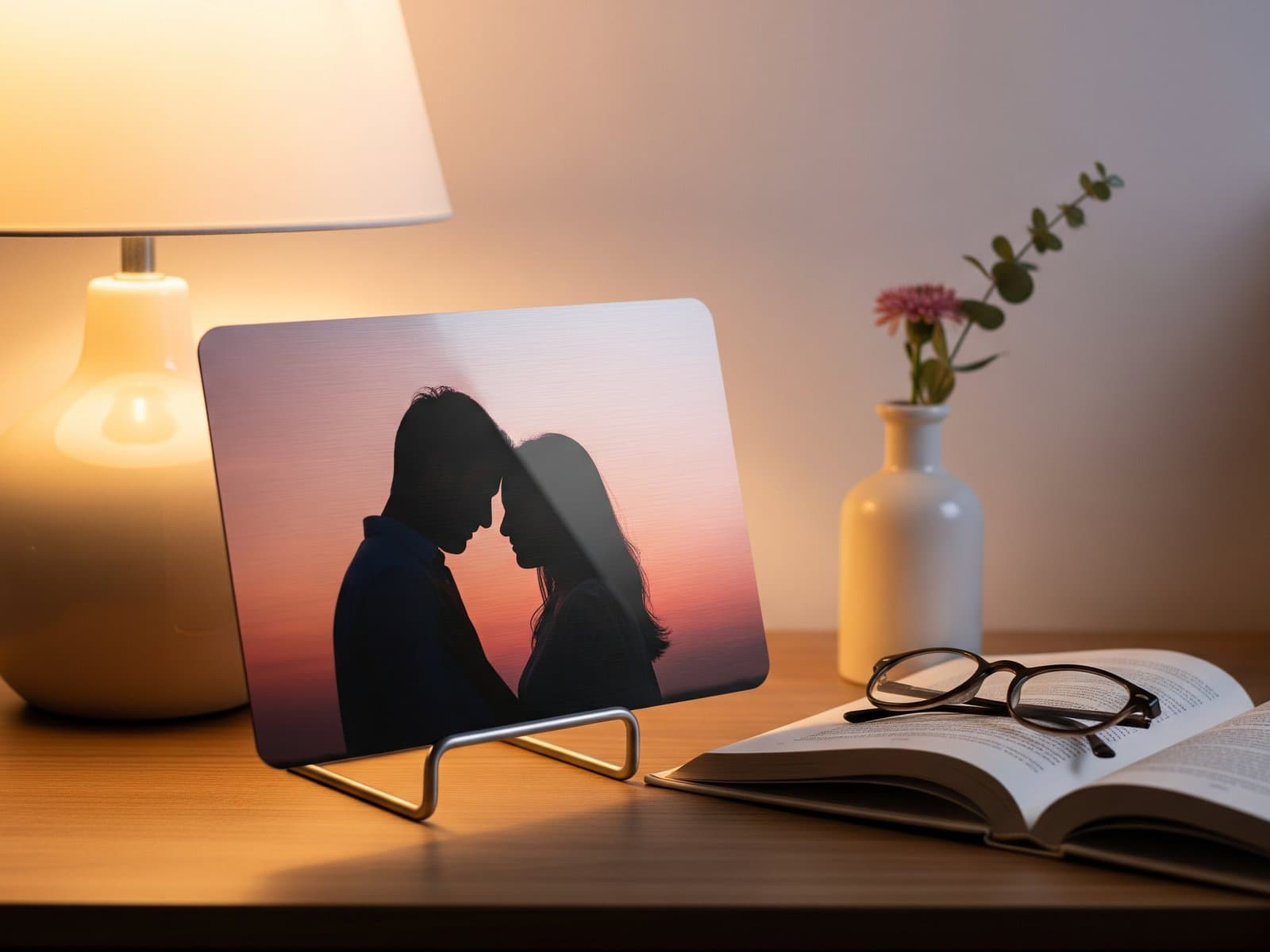 Glanzende metaaldruk van een koppel op het nachtkastje naast een lamp, als romantisch fotocadeau