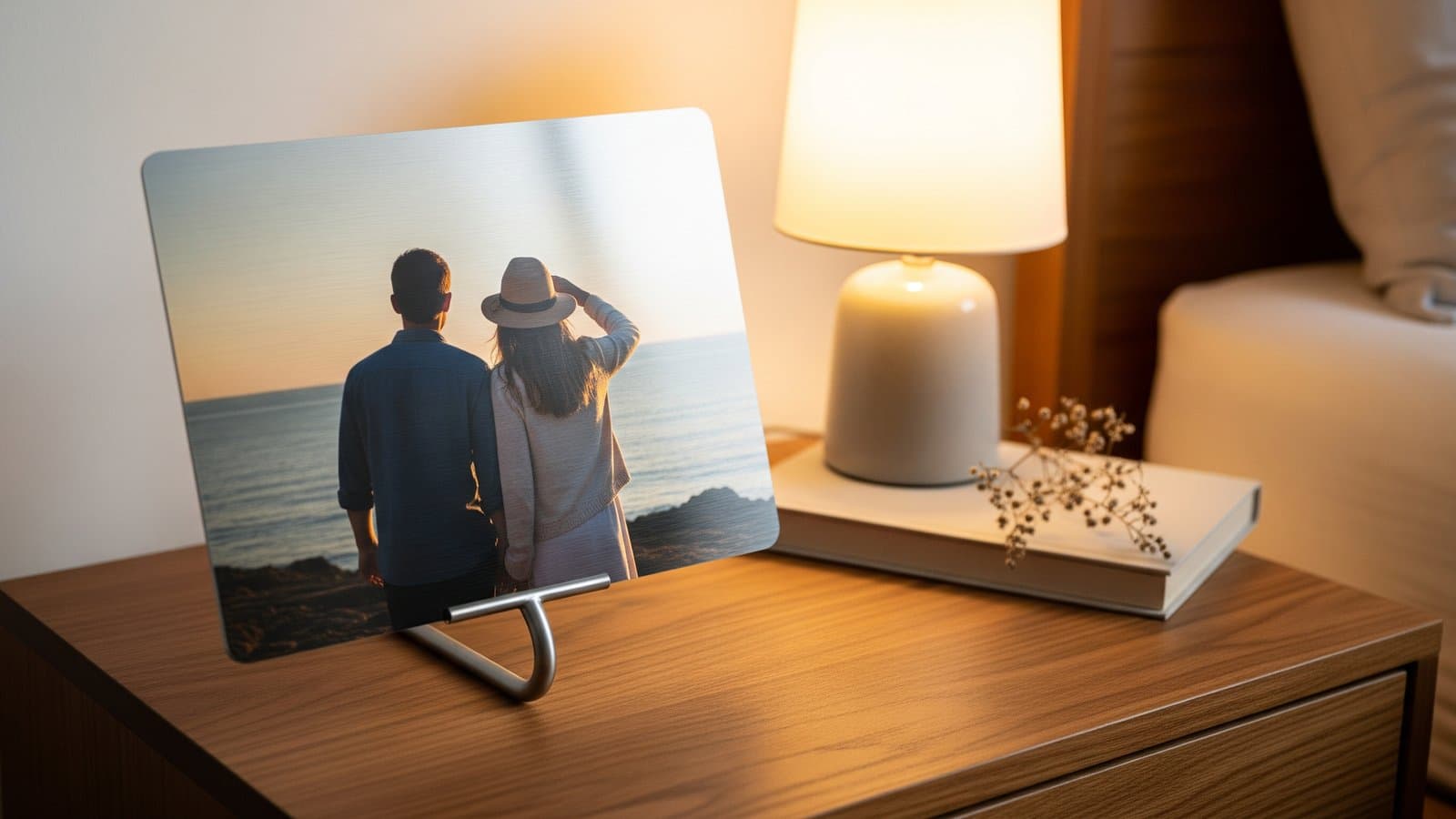 Glanzende metaaldruk met de reisherinnering van een koppel op het nachtkastje — een gepersonaliseerd fotocadeau in een warme woonkamer