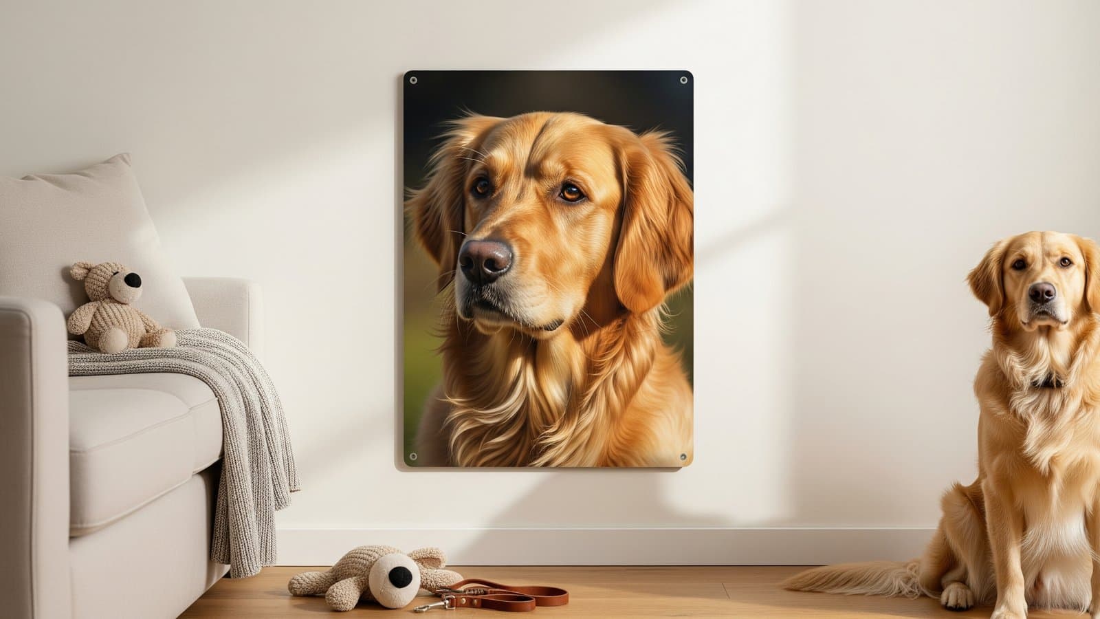 Golden retriever portret op een glanzende metaaldruk zwevend aan een woonkamermuur met de echte hond ernaast