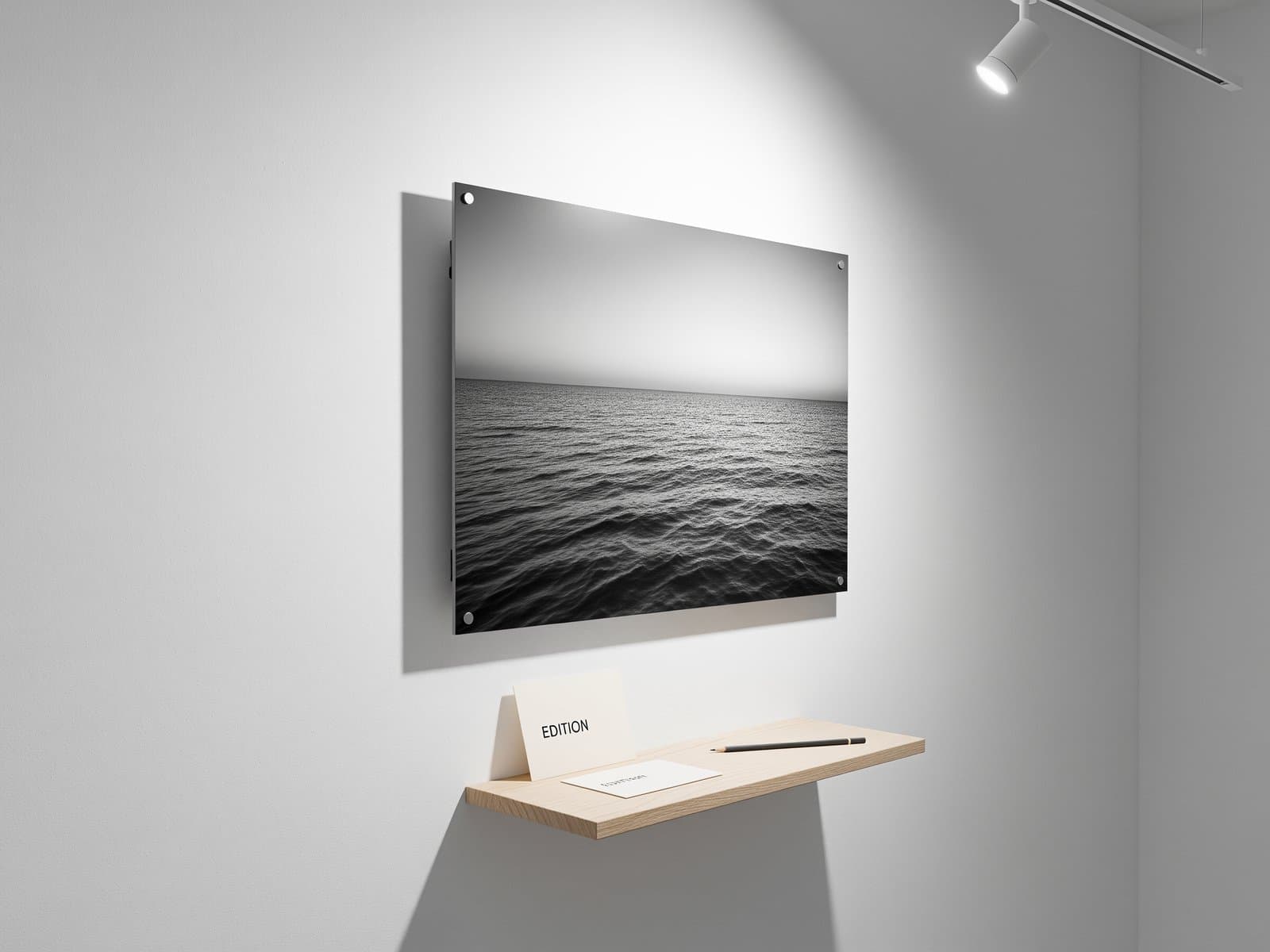 Een metalen fotokunstdruk in gelimiteerde oplage getoond op een galeriemuur naast een gesigneerd oplagekaartje
