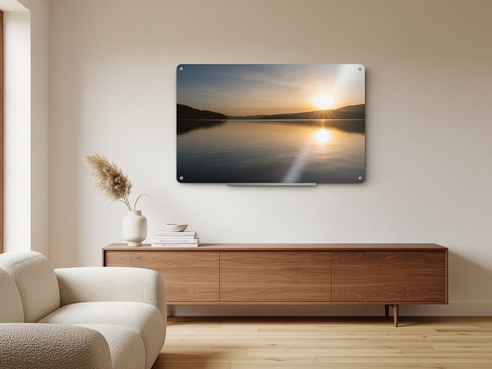 Een grote metalen fotoafdruk op ooghoogte gehangen als het brandpunt van een rustige, moderne woonkamer