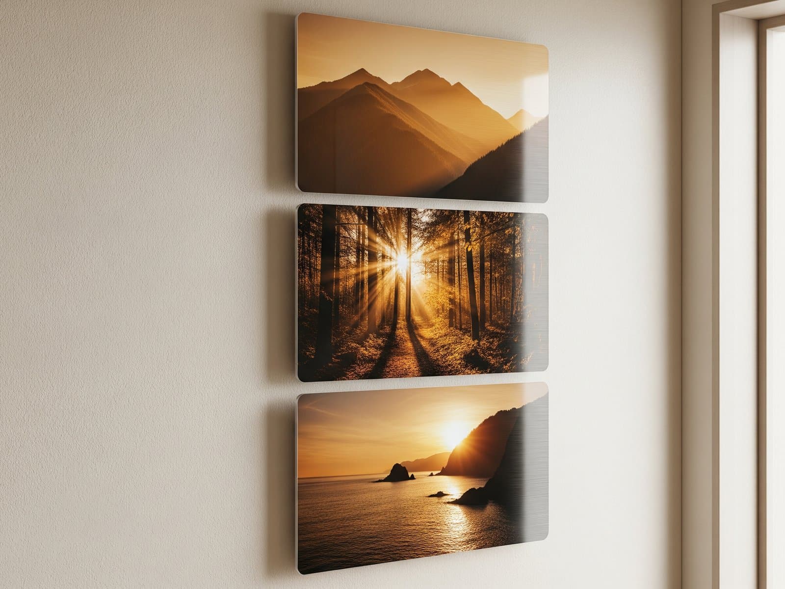 Drie bijpassende staande metaaldrukken van een gezin, opgehangen als een verticaal drieluik op een smalle muur naast een deur met gelijke strakke gaten