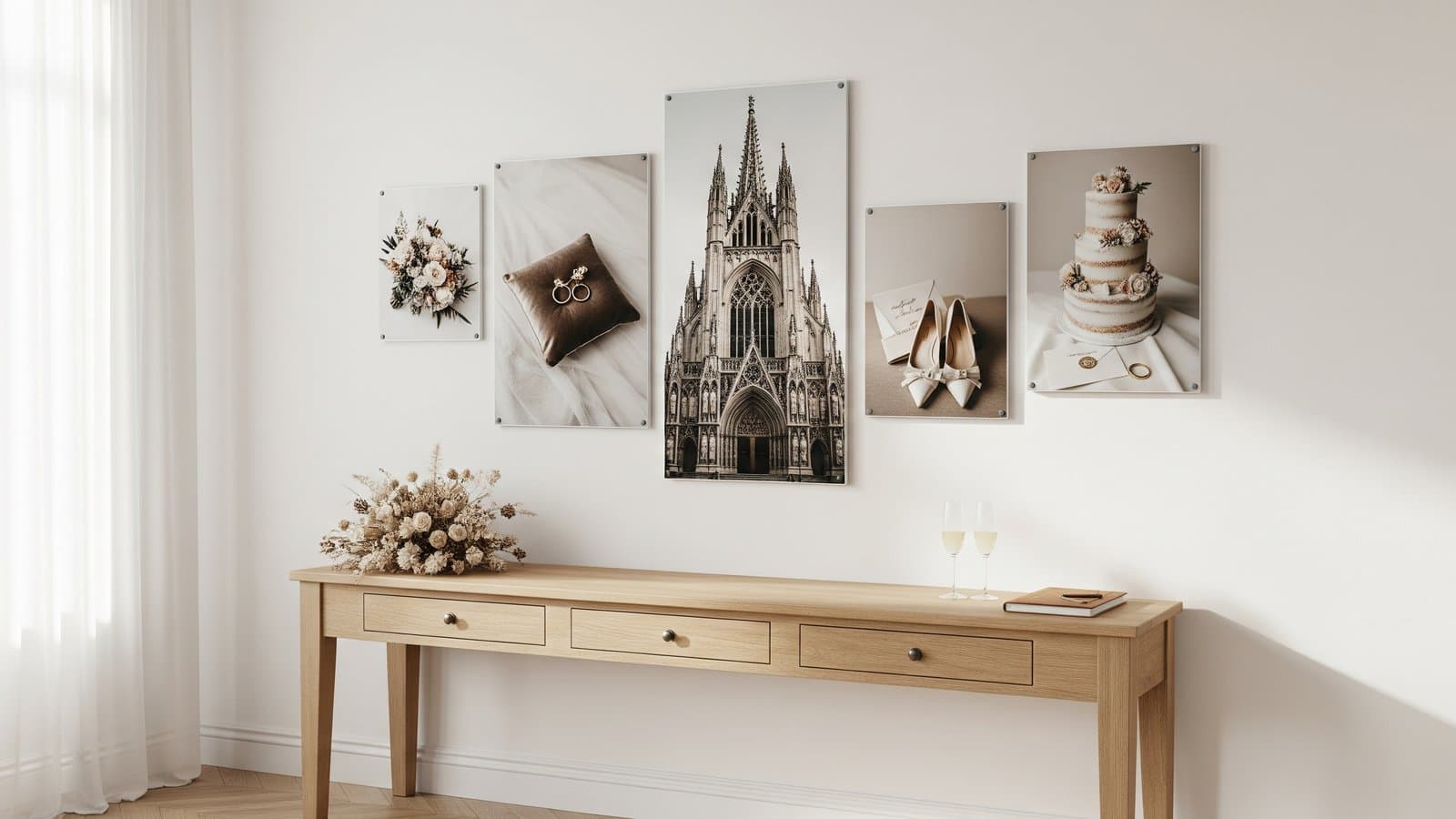 Gallerivæg med fem bryllupsdetalje-metaltryk over en vintage konsolbord med tørrede blomster og gæstebog