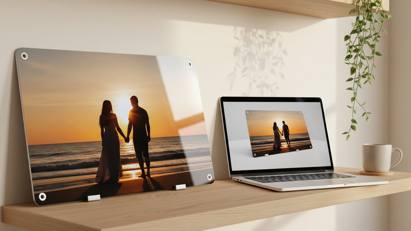 Glossy metal print of a couple on a beach at sunset propped on a living-room shelf beside a laptop showing a 3D preview