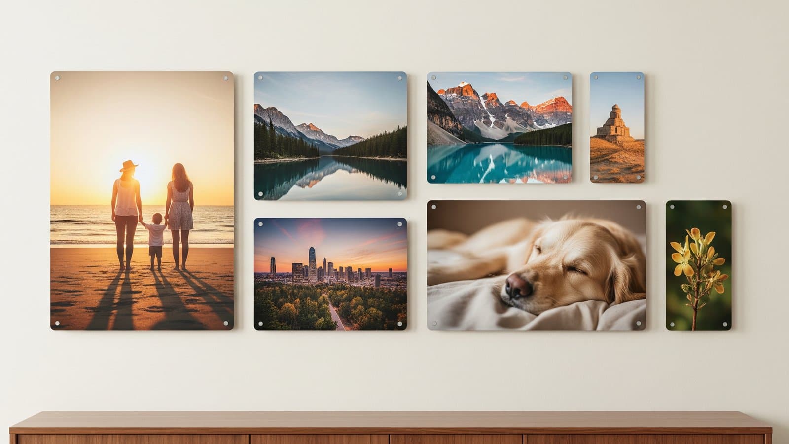 Gallery-style arrangement of six personal metal prints above a sideboard, showing family, travel and pet photos