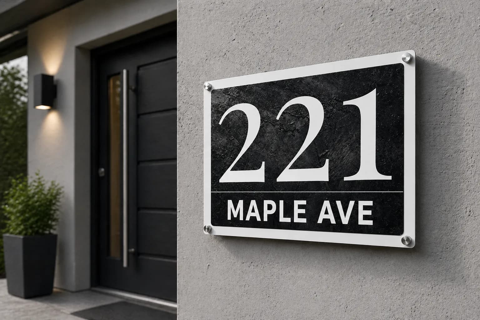 Anthracite concrete metal address sign, number 221, standoff-mounted beside a modern door at dusk