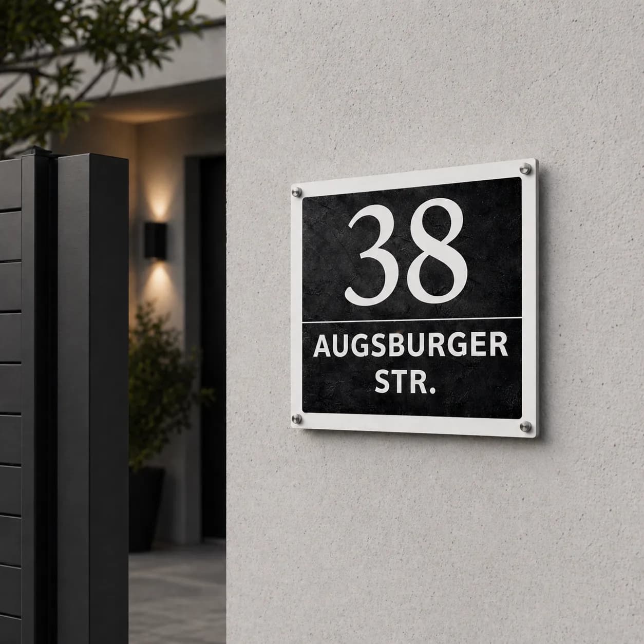 Square anthracite metal address sign, number 38, with inox standoff bolts on a grey wall at dusk