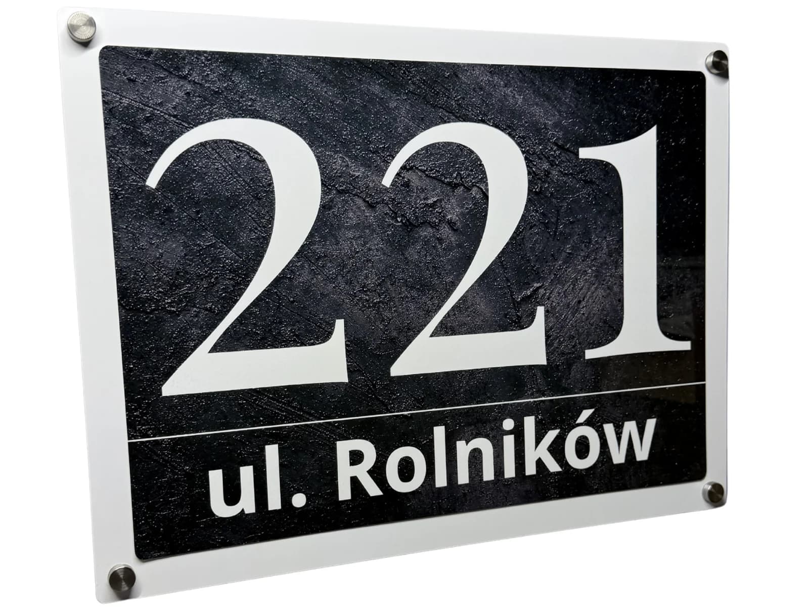 Perspective view of a Bolot Studio address sign on glossy metal showing depth and glossy material finish