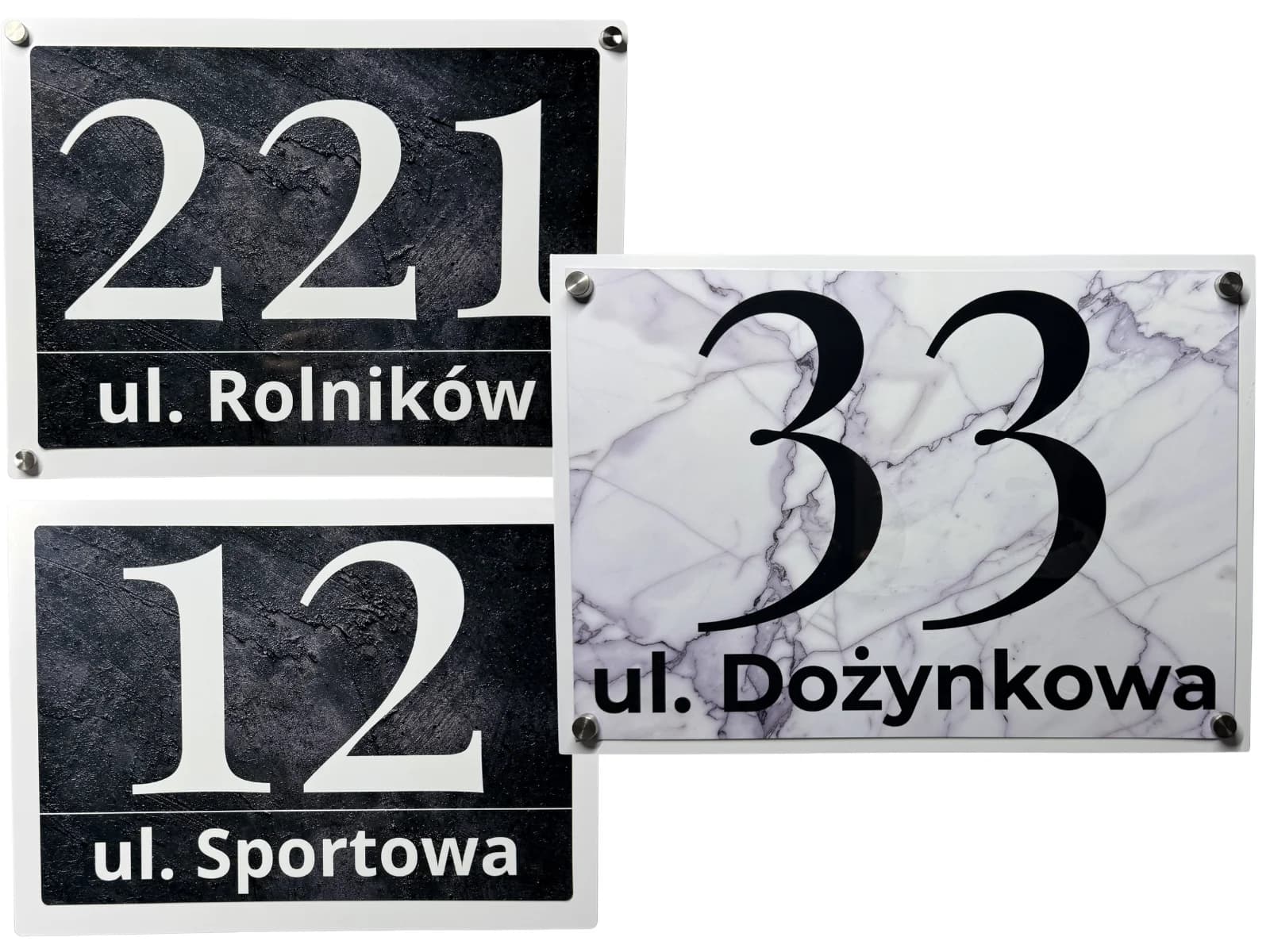 Bolot Studio address signs with mounting bolts in three colours — black, stainless steel and gold