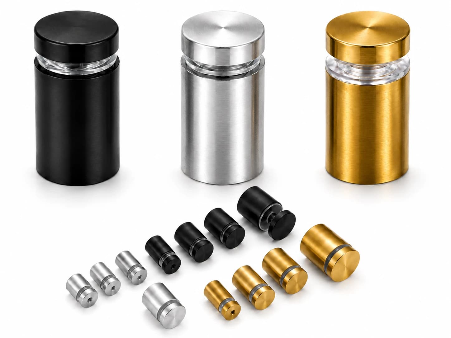 Standoff mounting bolts for metal address signs in black, inox and gold finishes, assembled and as individual parts
