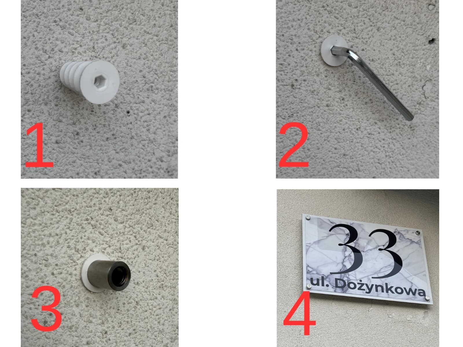 Four-step standoff mounting guide: insert the wall plug, screw in the standoff base, fit the cap, then mount the finished marble address sign on the wall