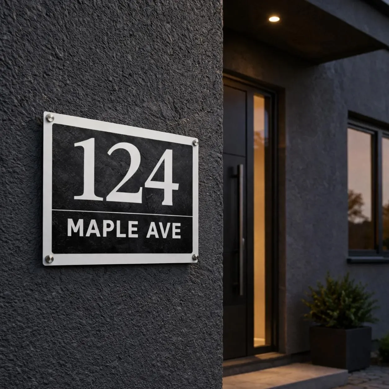 Glossy metal address sign mounted on a modern house wall