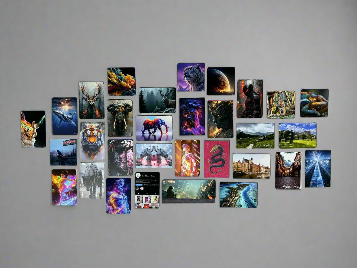 Collection of colorful cards on a gray surface with a concrete floor background