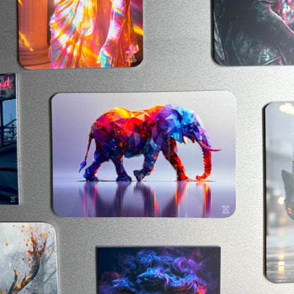 Colorful geometric elephant design on a metallic surface with other artistic images.