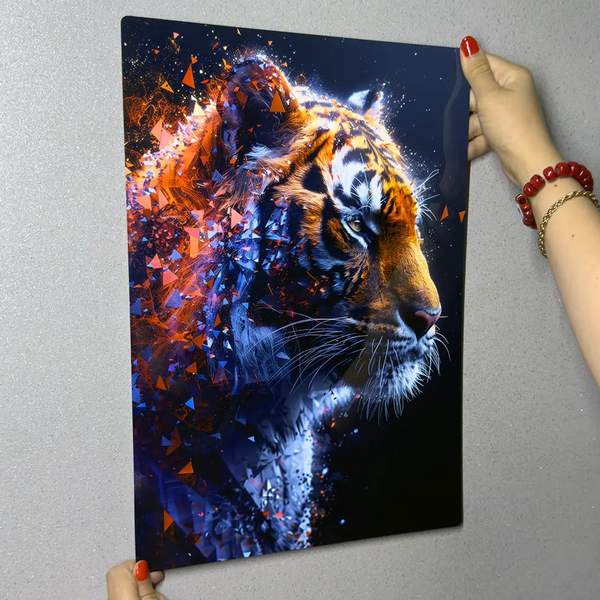 A vivid metal print of a digitally abstracted tiger artwork being held up, showcasing its glossy finish and bold colors on a silver wall background.