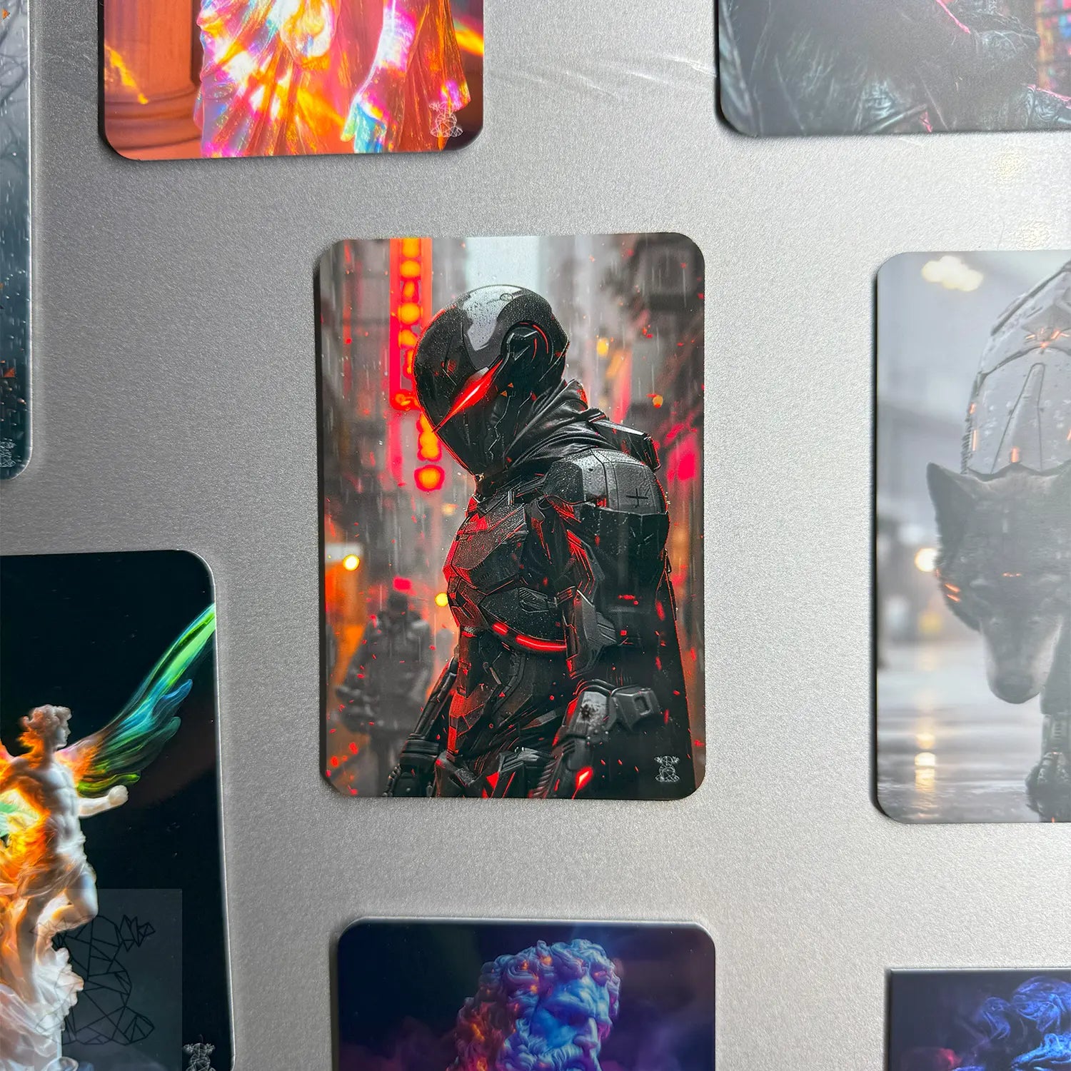 Metal magnet featuring a futuristic armored cyber soldier standing in a neon-lit city — perfect for sci-fi fans and modern decor.