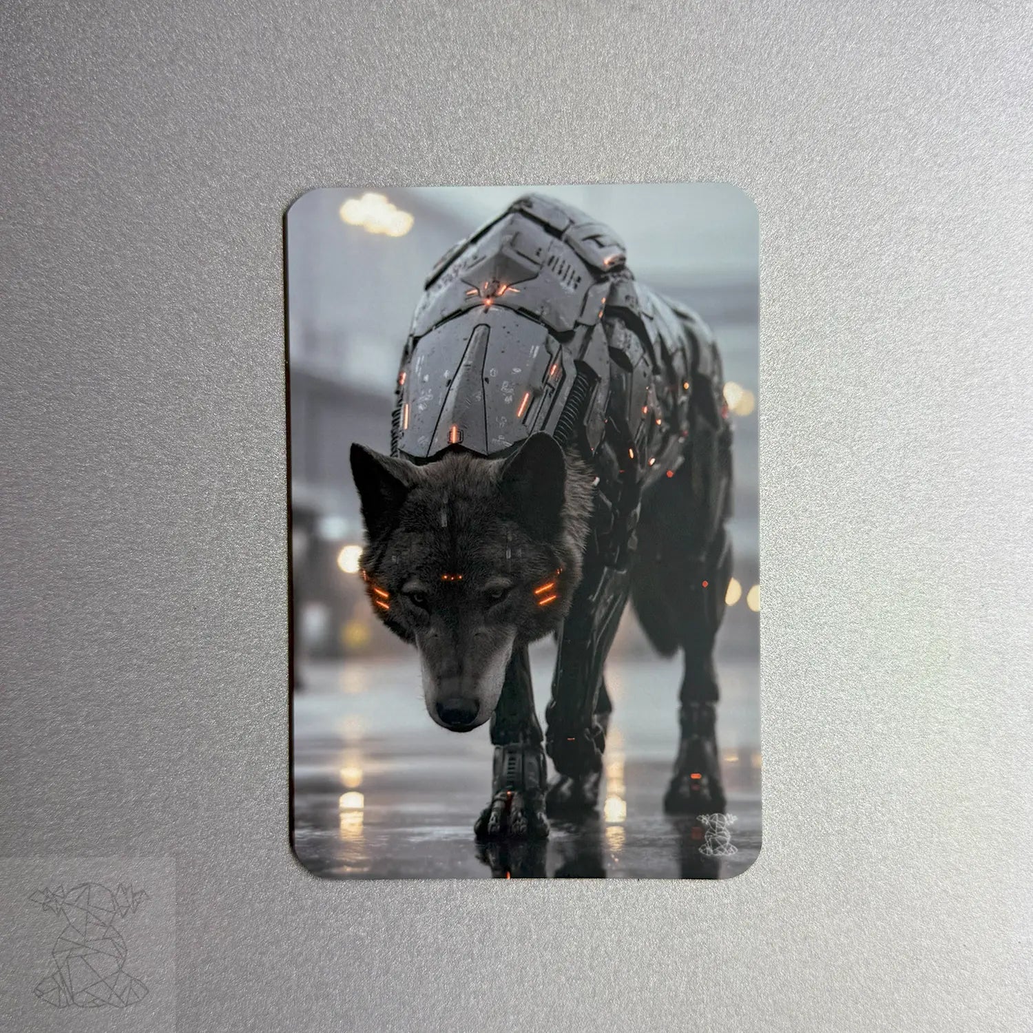 Custom magnet design of a cybernetic wolf with glowing orange lights — a bold and tech-inspired collectible metal print.