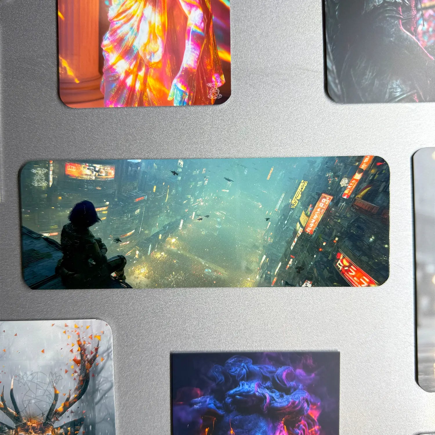 Wide-format metal magnet with a cyberpunk cityscape viewed from a rooftop — perfect for sci-fi fans and urban decor.