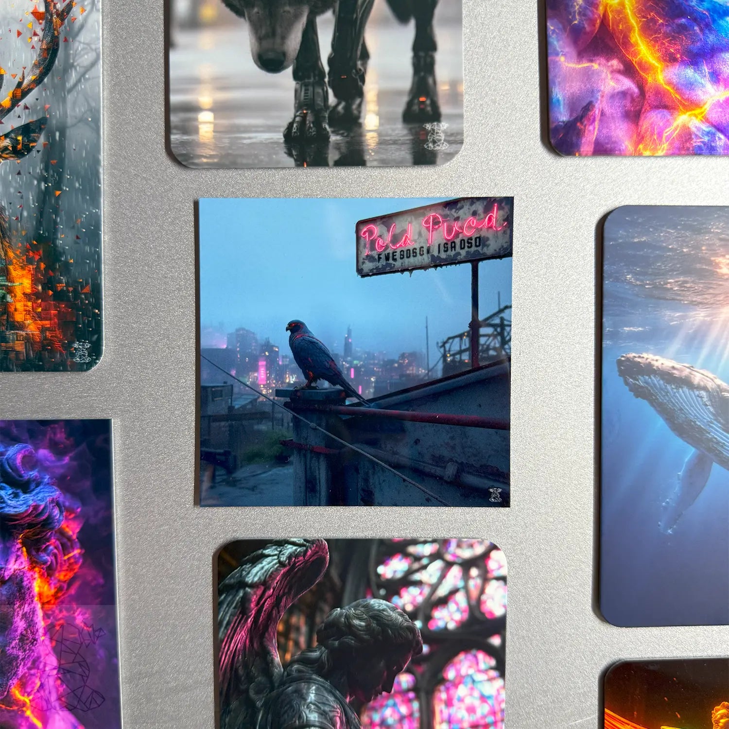 Custom square metal magnet featuring a cyberpunk pigeon on a rooftop with a glowing skyline in the background — moody and futuristic style.