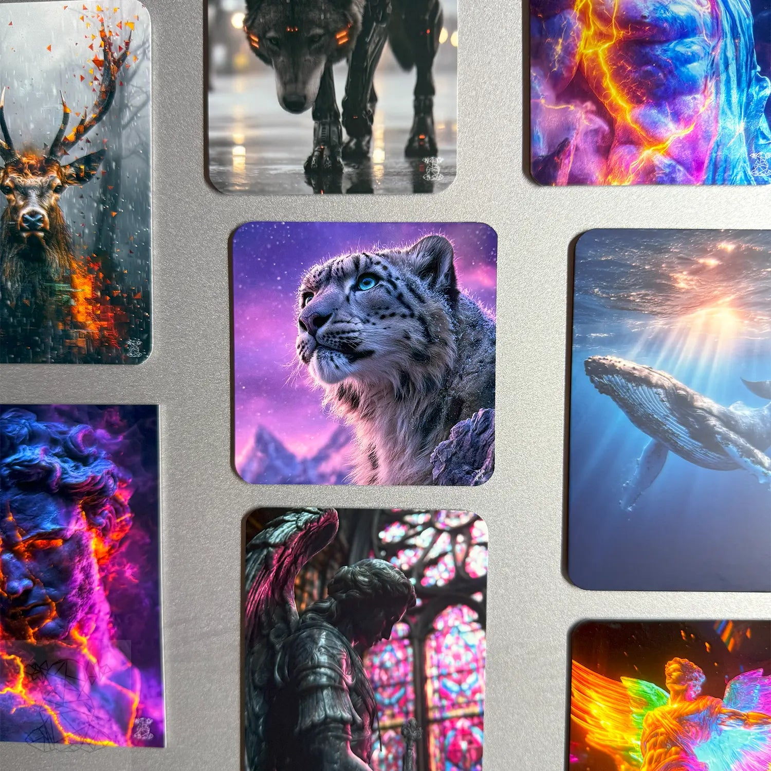 Collection of fantasy animal-themed metal magnets including a snow leopard, deer, wolf, whale, and angel figure — high-quality customizable prints