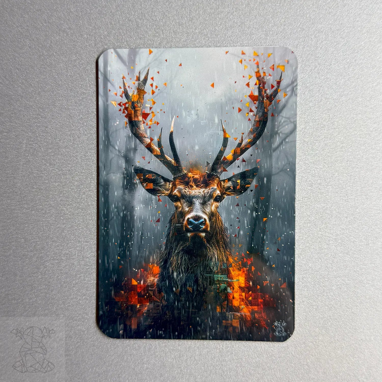 Custom metal magnet featuring a fantasy-style deer with glowing antlers in a rainy forest — ideal for nature and art lovers.