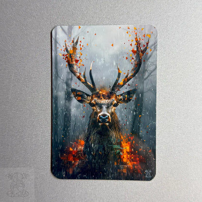 Custom metal magnet featuring a fantasy-style deer with glowing antlers in a rainy forest — ideal for nature and art lovers.