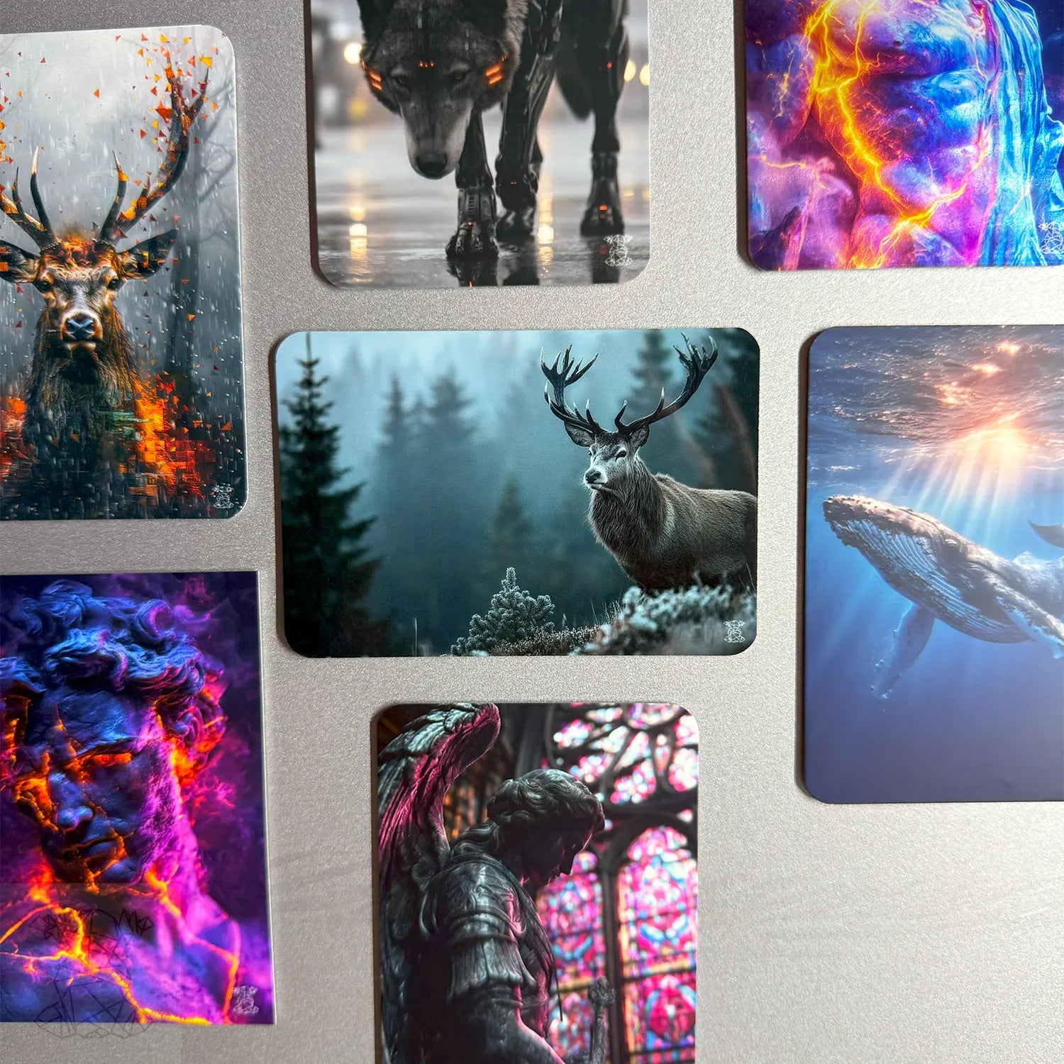 Grid of fantasy and nature-themed custom metal magnets including deer, whale, cyber wolf, stained glass angel, and cracked statue — high-definition collector's designs.