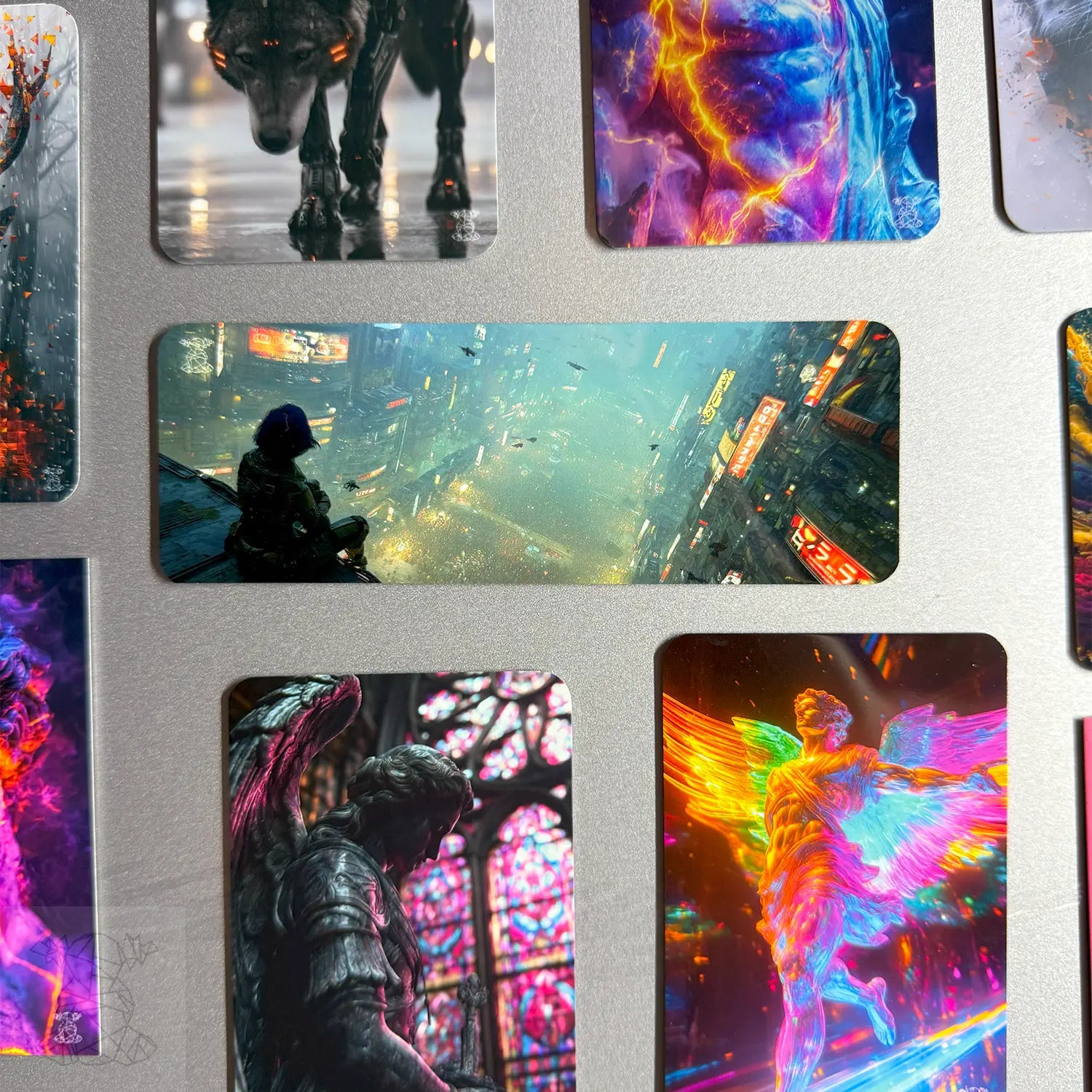 Artistic collection of sci-fi and fantasy magnets on a metallic board — featuring neon gods, cyberpunk scenes, wolves, angels, and wildlife art.