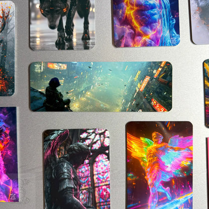 Artistic collection of sci-fi and fantasy magnets on a metallic board — featuring neon gods, cyberpunk scenes, wolves, angels, and wildlife art.