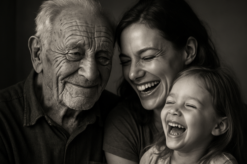 It is a powerful, emotional, human moment. A grandfather smiling, his wrinkles telling a story. A mother and daughter laughing