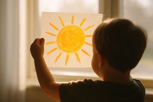  It is a powerful, emotional, human moment from behind a child's crayon drawing of a sun. image is clean, it's emotional, it tells a story of love and daily life. It feels real.