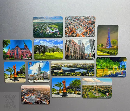 Custom metal magnets featuring iconic landmarks of Gliwice, Poland — including Palmiarnia Gliwice, Radio Tower, Old Town Hall, and city panoramas. Perfect for souvenir collections.